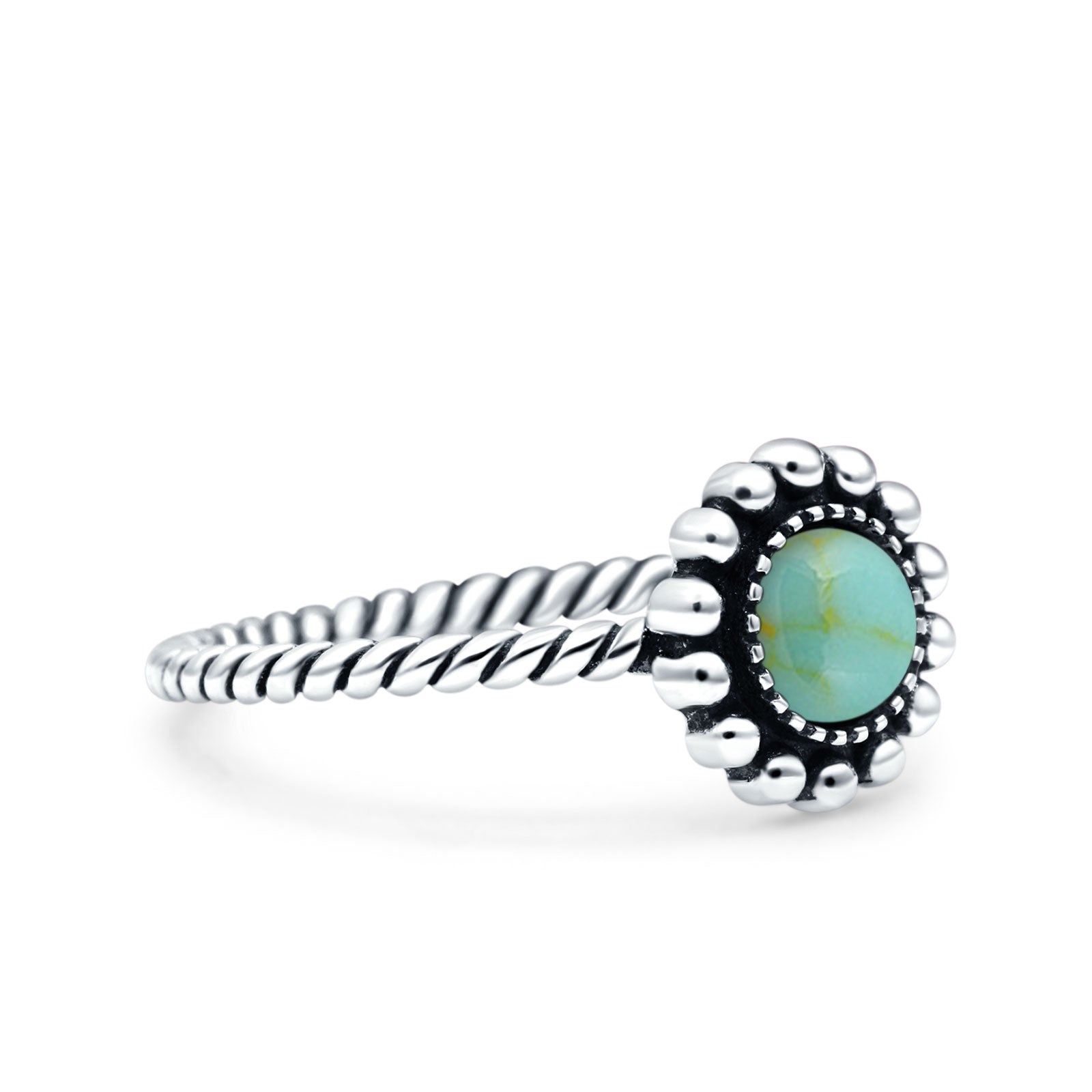 Petite Dainty Rope Vintage Style Lab Opal Ring Solid Round Oxidized 925 Sterling Silver
