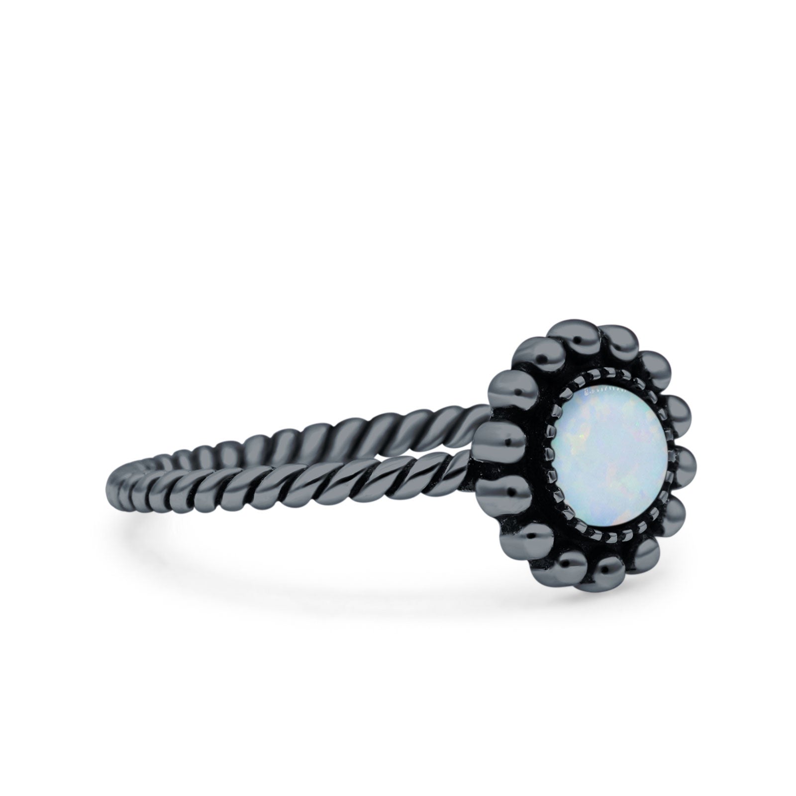Petite Dainty Rope Vintage Style Lab Opal Ring Solid Round Oxidized 925 Sterling Silver