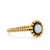 Petite Dainty Rope Vintage Style Lab Opal Ring Solid Round Oxidized 925 Sterling Silver