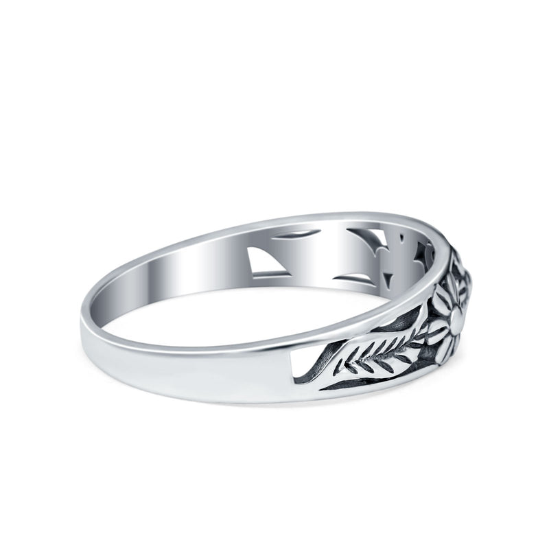 3 Flower Plain Ring Band Oxidized 925 Sterling Silver