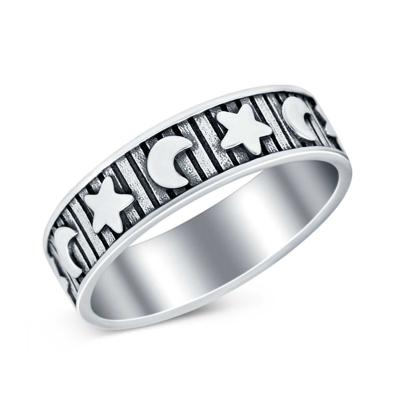 Moon Star Band Oxidized Plain Ring Round 925 Sterling Silver