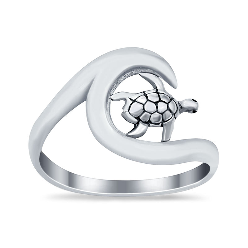 Wave Turtle Band Ocean Wave Summer Plain Ring Round 925 Sterling Silver