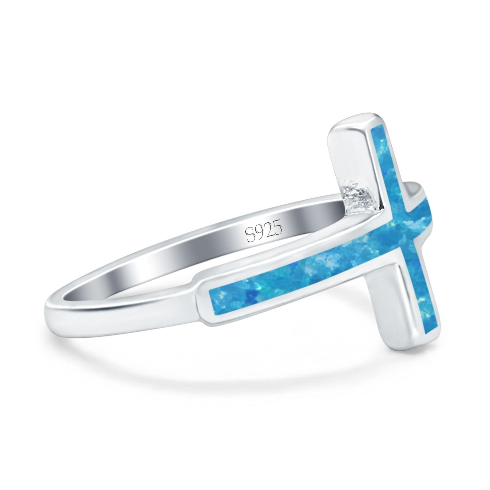 Sideways Cross Ring Rhodium Plated Band Lab Created Opal 925 Sterling Silver (12mm)