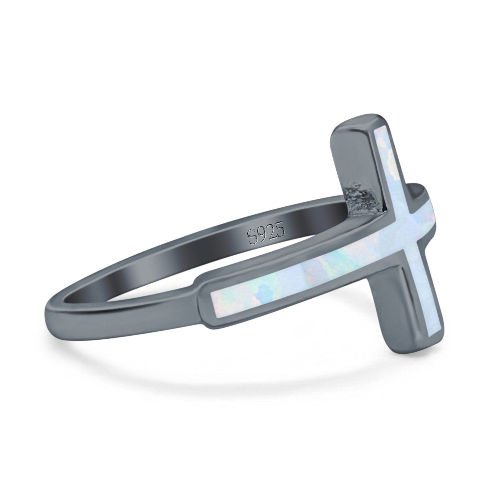 Sideways Cross Ring Rhodium Plated Band Lab Created Opal 925 Sterling Silver (12mm)