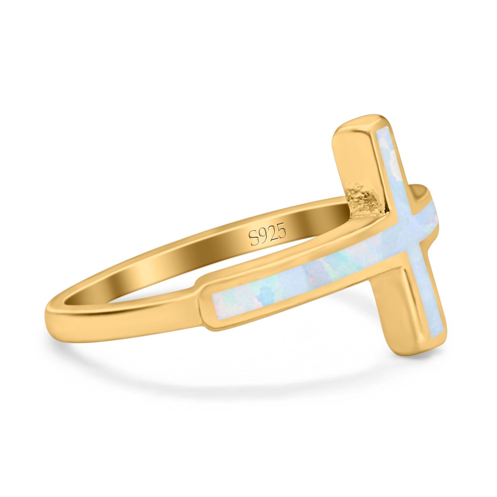 Sideways Cross Ring Rhodium Plated Band Lab Created Opal 925 Sterling Silver (12mm)