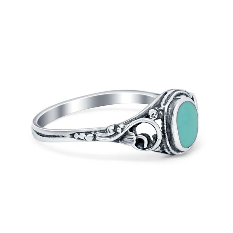 Filigree Oval Simulated Turquoise Cubic Zirconia Ring Round 925 Sterling Silver