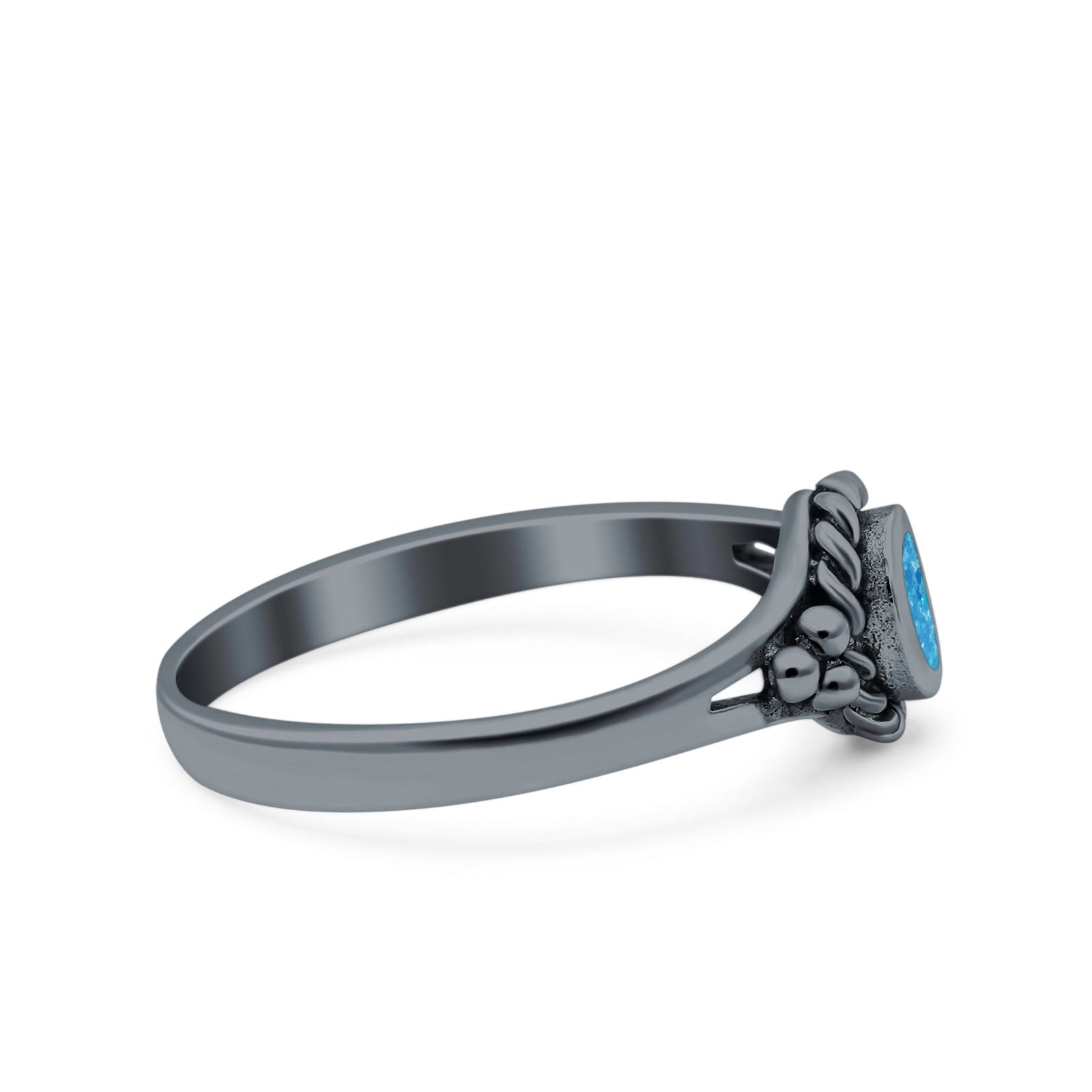 Vintage Style Lab Opal Petite Dainty Ring Solid Oxidized 925 Sterling Silver