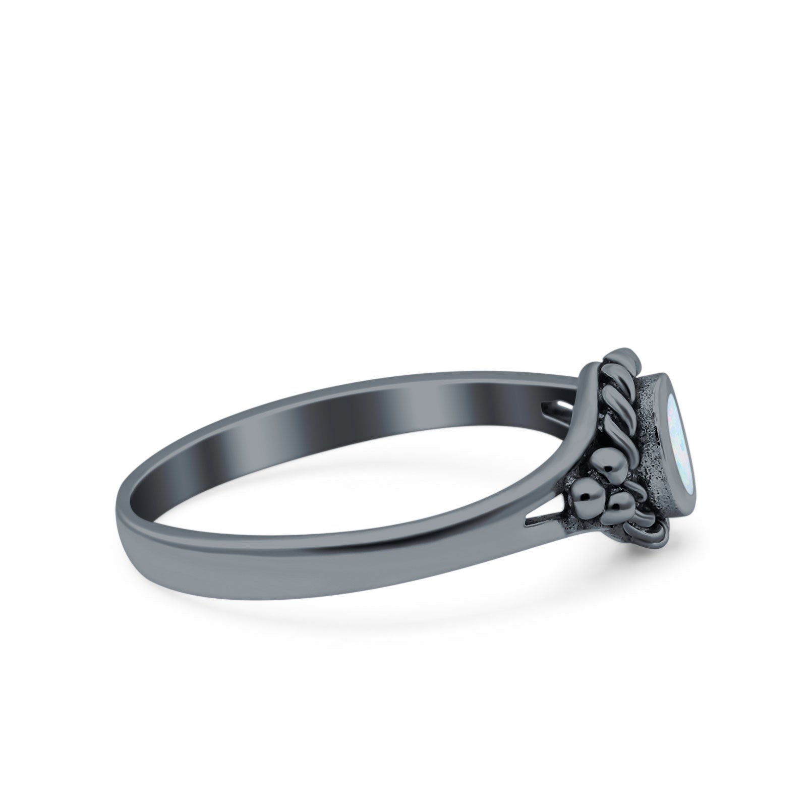 Vintage Style Lab Opal Petite Dainty Ring Solid Oxidized 925 Sterling Silver