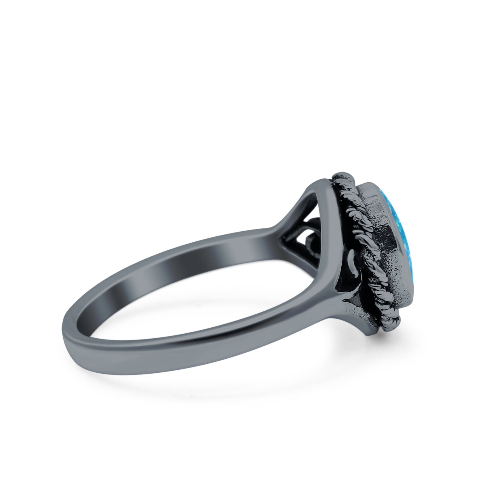 Filigree Petite Dainty Lab Opal Ring Solid Round Oxidized 925 Sterling Silver