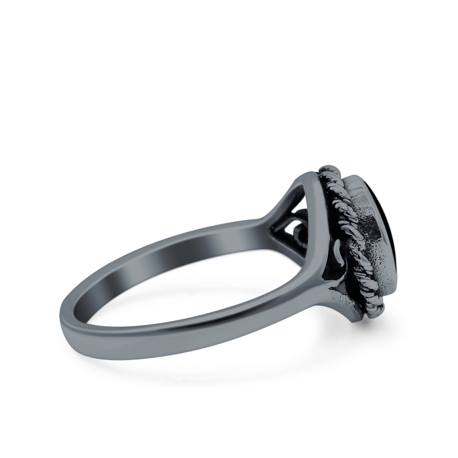 Filigree Petite Dainty Lab Opal Ring Solid Round Oxidized 925 Sterling Silver