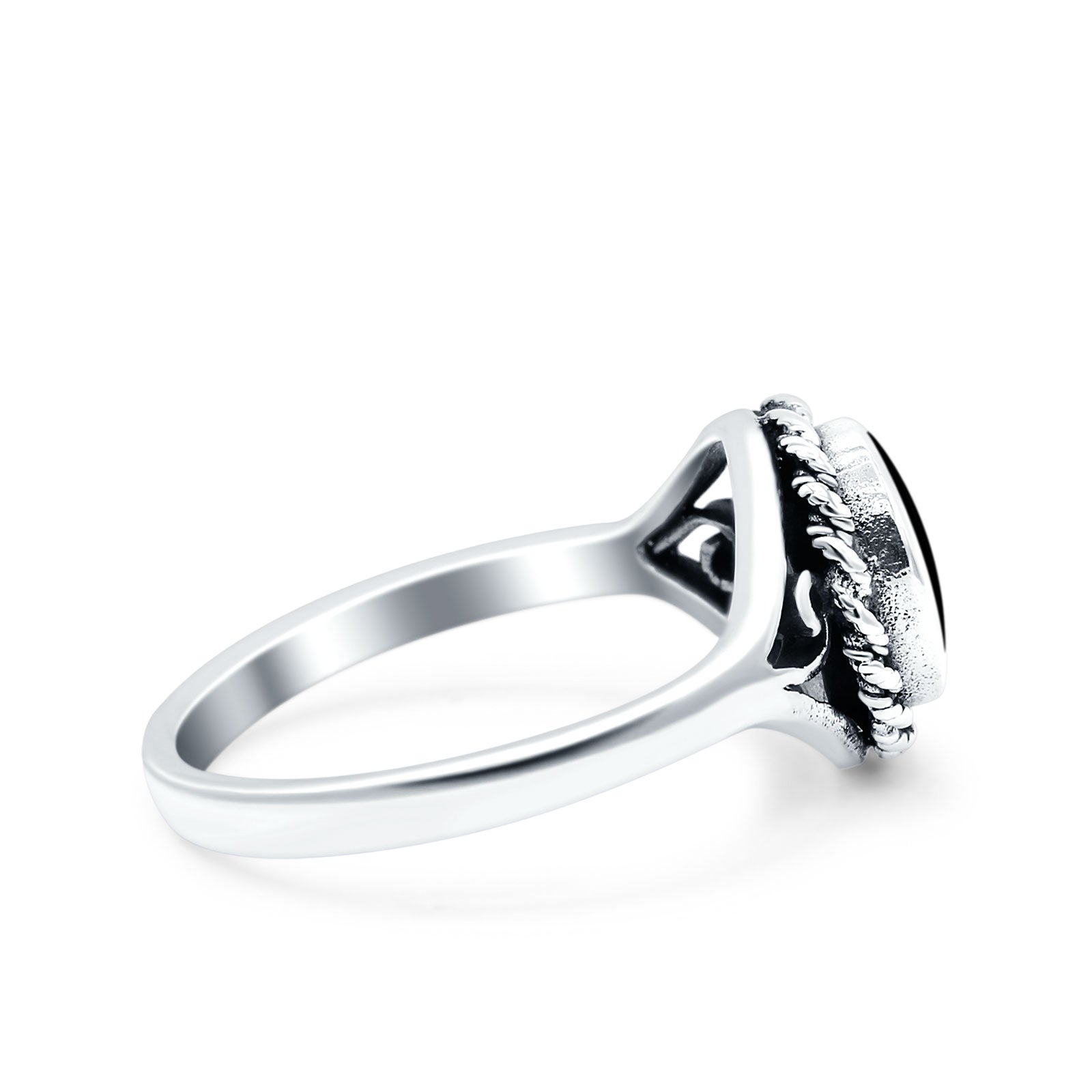 Filigree Petite Dainty Lab Opal Ring Solid Round Oxidized 925 Sterling Silver