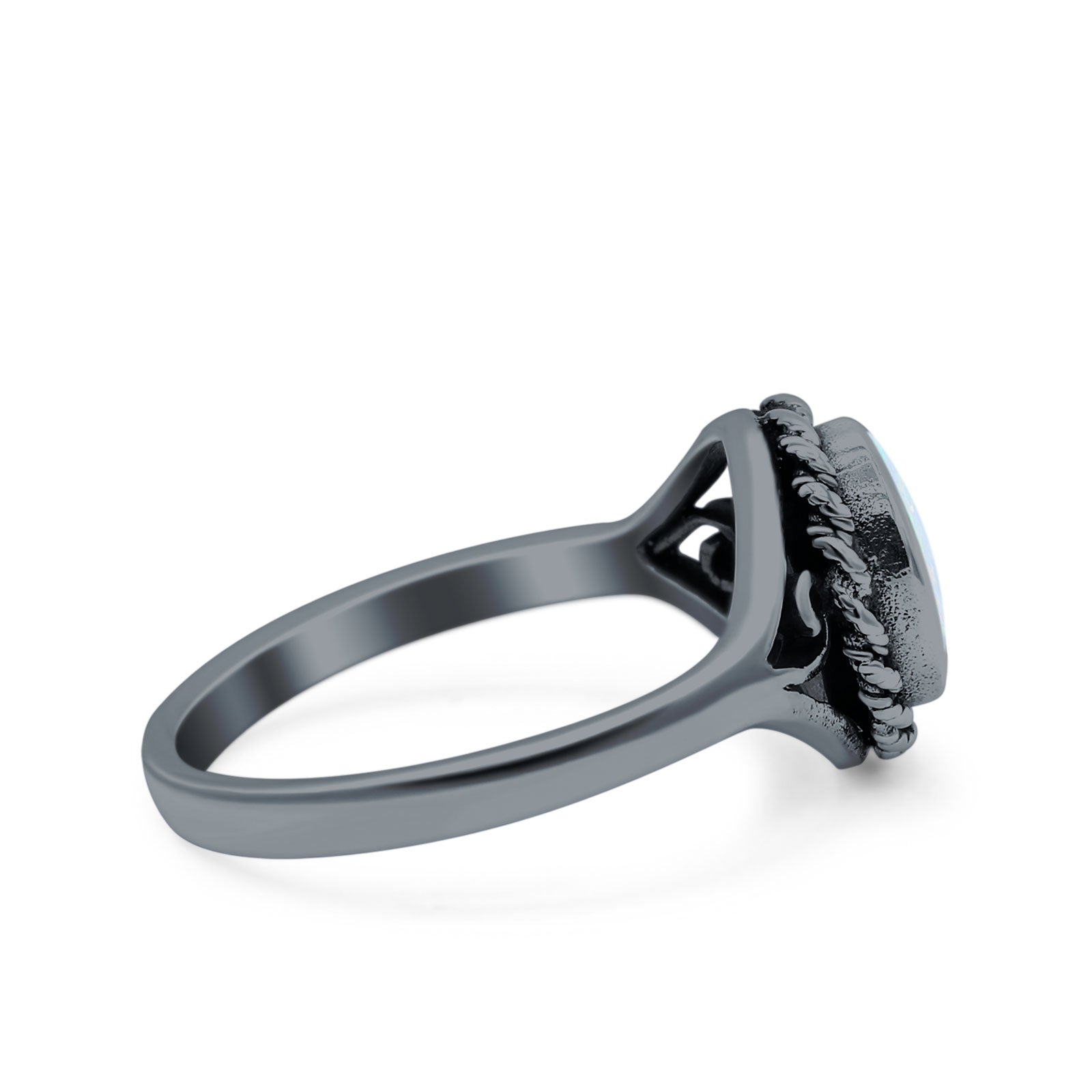 Filigree Petite Dainty Lab Opal Ring Solid Round Oxidized 925 Sterling Silver