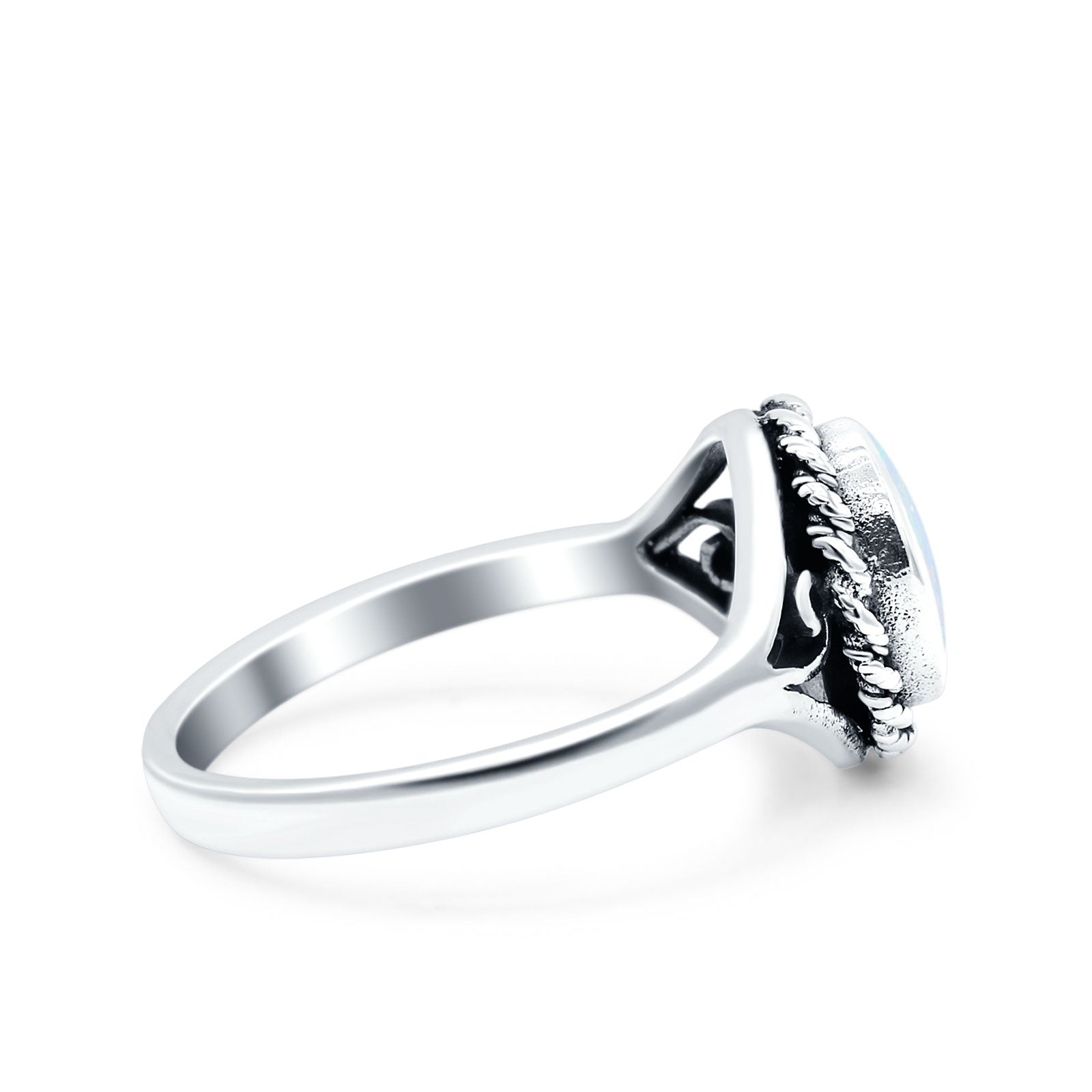 Filigree Petite Dainty Lab Opal Ring Solid Round Oxidized 925 Sterling Silver