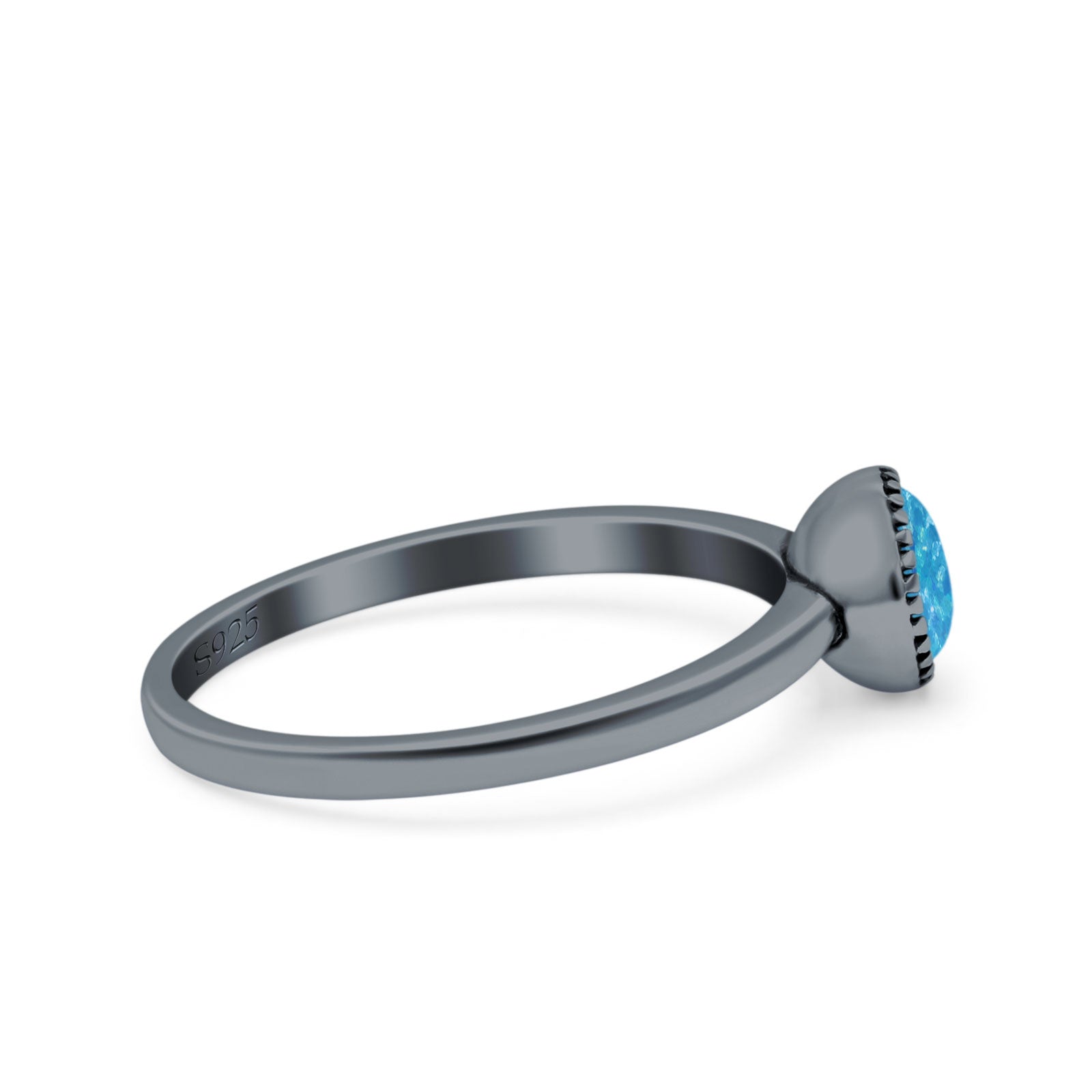 Petite Dainty Lab Opal Ring Solid Round Oxidized 925 Sterling Silver