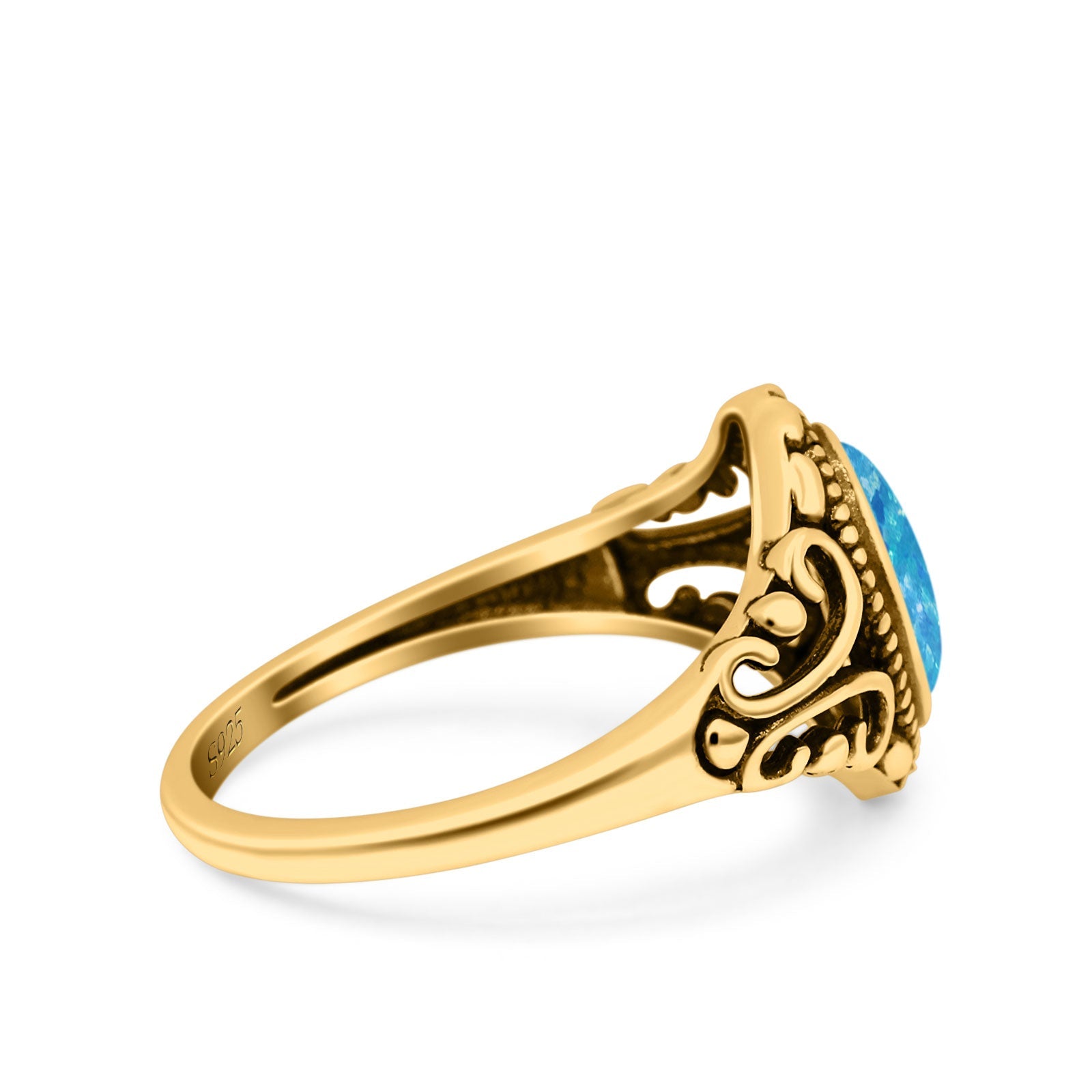 Filigree Vintage Style Oval Lab Opal Ring Solid Oxidized 925 Sterling Silver