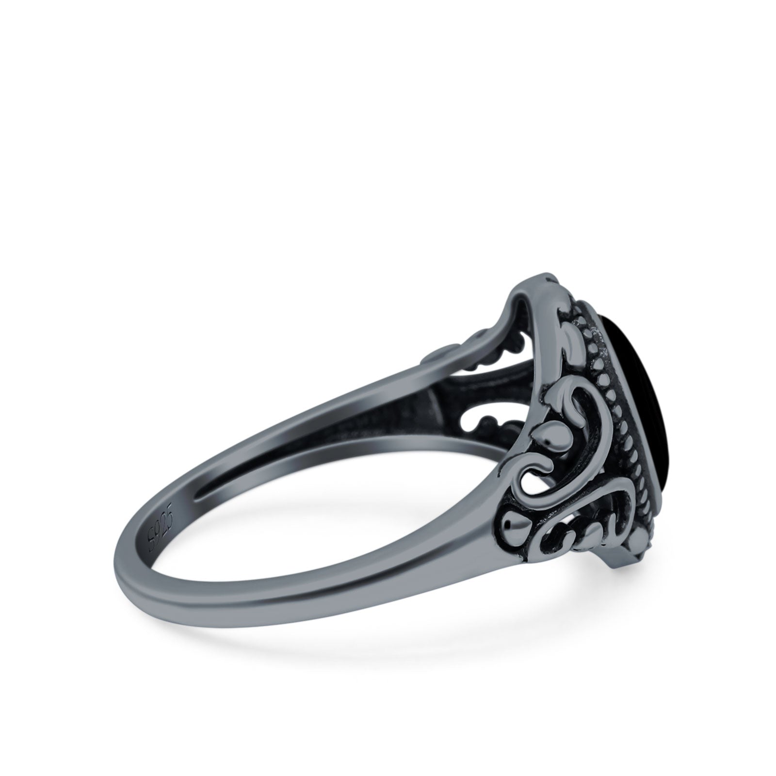 Filigree Vintage Style Oval Lab Opal Ring Solid Oxidized 925 Sterling Silver