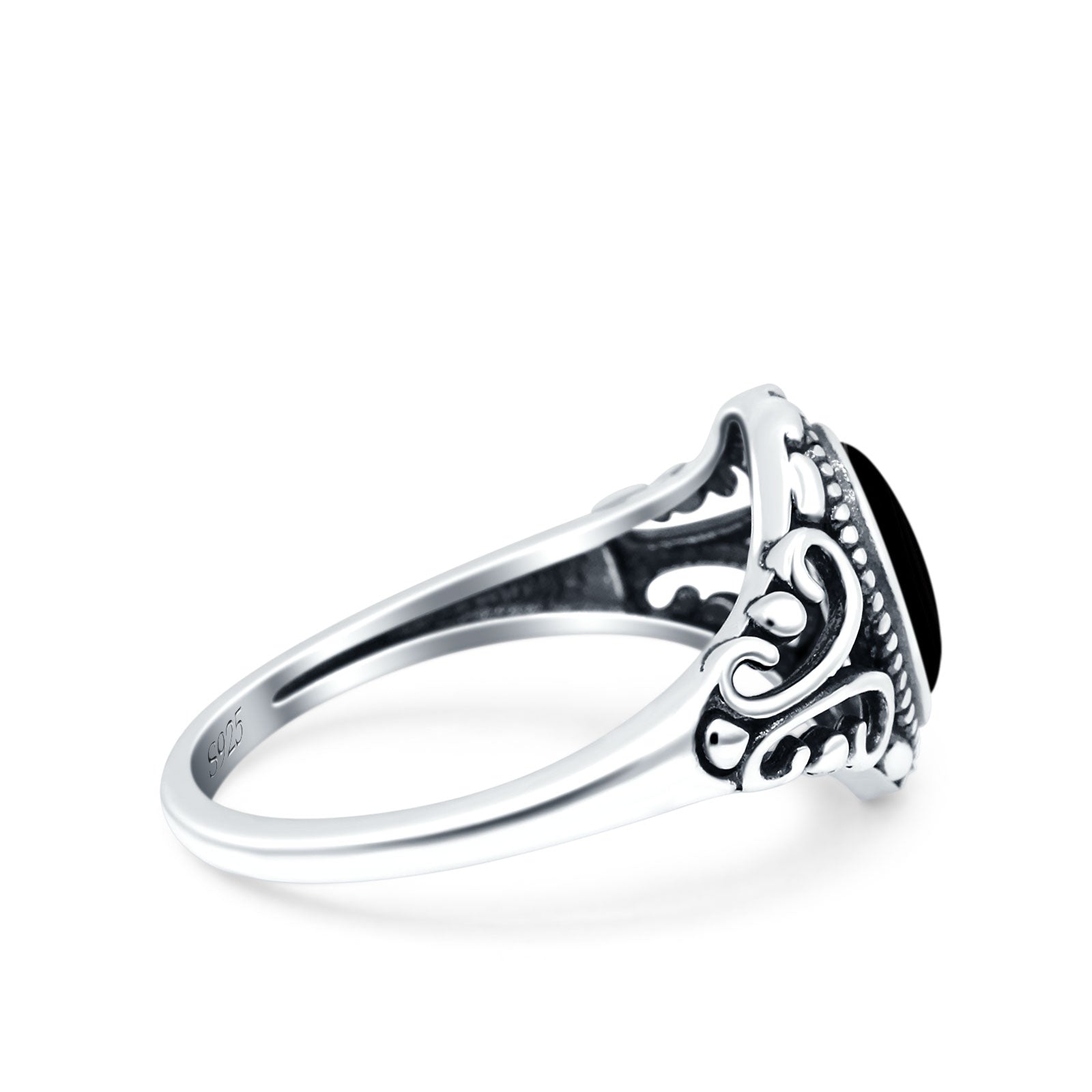 Filigree Vintage Style Oval Lab Opal Ring Solid Oxidized 925 Sterling Silver