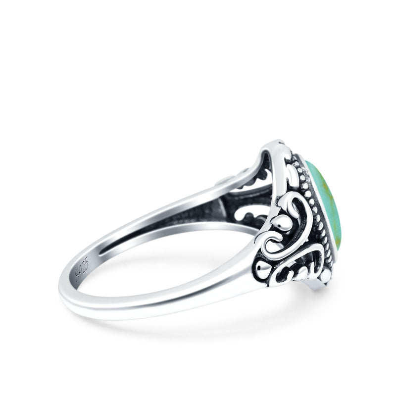 Filigree Vintage Style Oval Lab Opal Ring Solid Oxidized 925 Sterling Silver