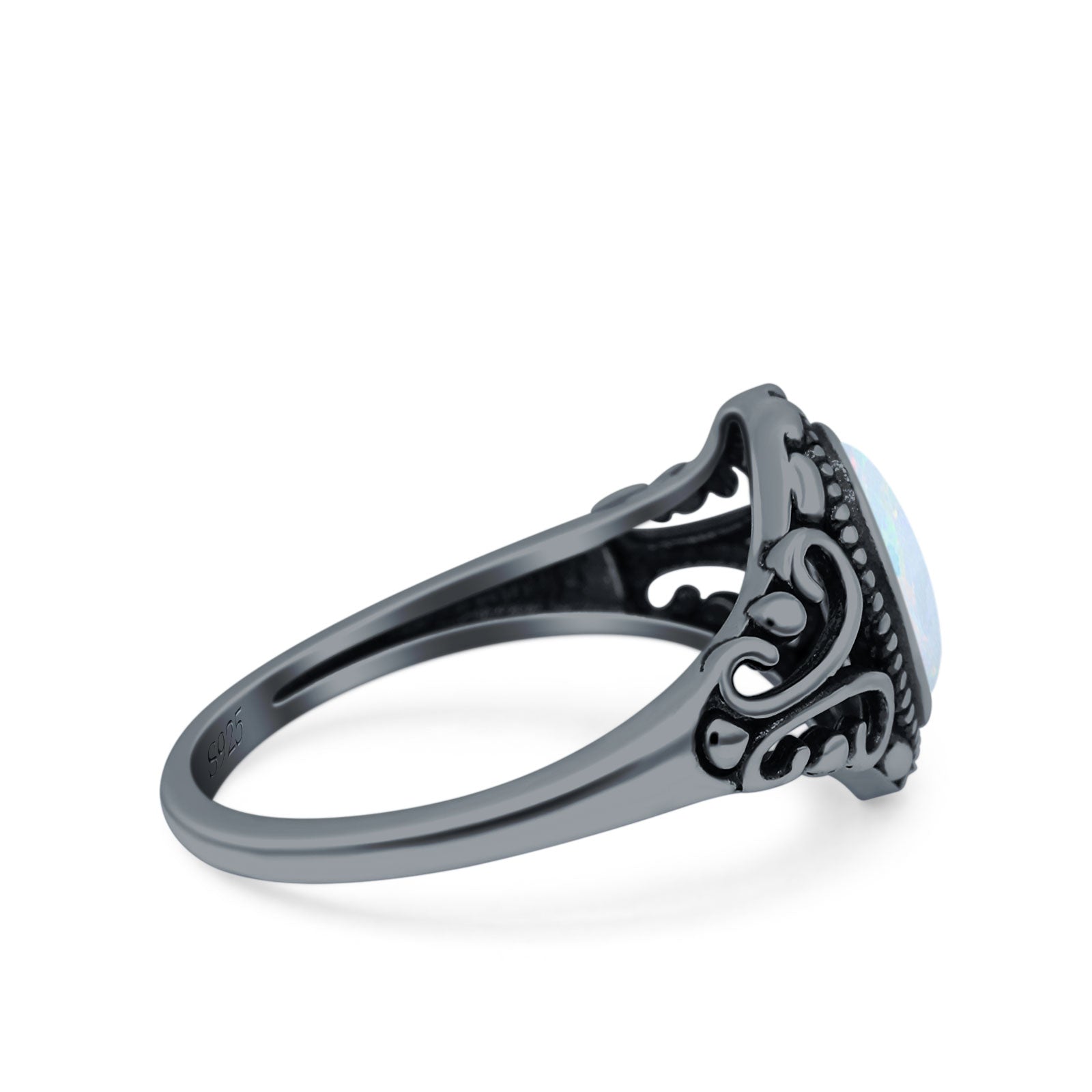 Filigree Vintage Style Oval Lab Opal Ring Solid Oxidized 925 Sterling Silver