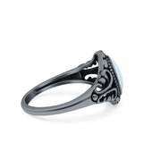 Filigree Vintage Style Oval Lab Opal Ring Solid Oxidized 925 Sterling Silver