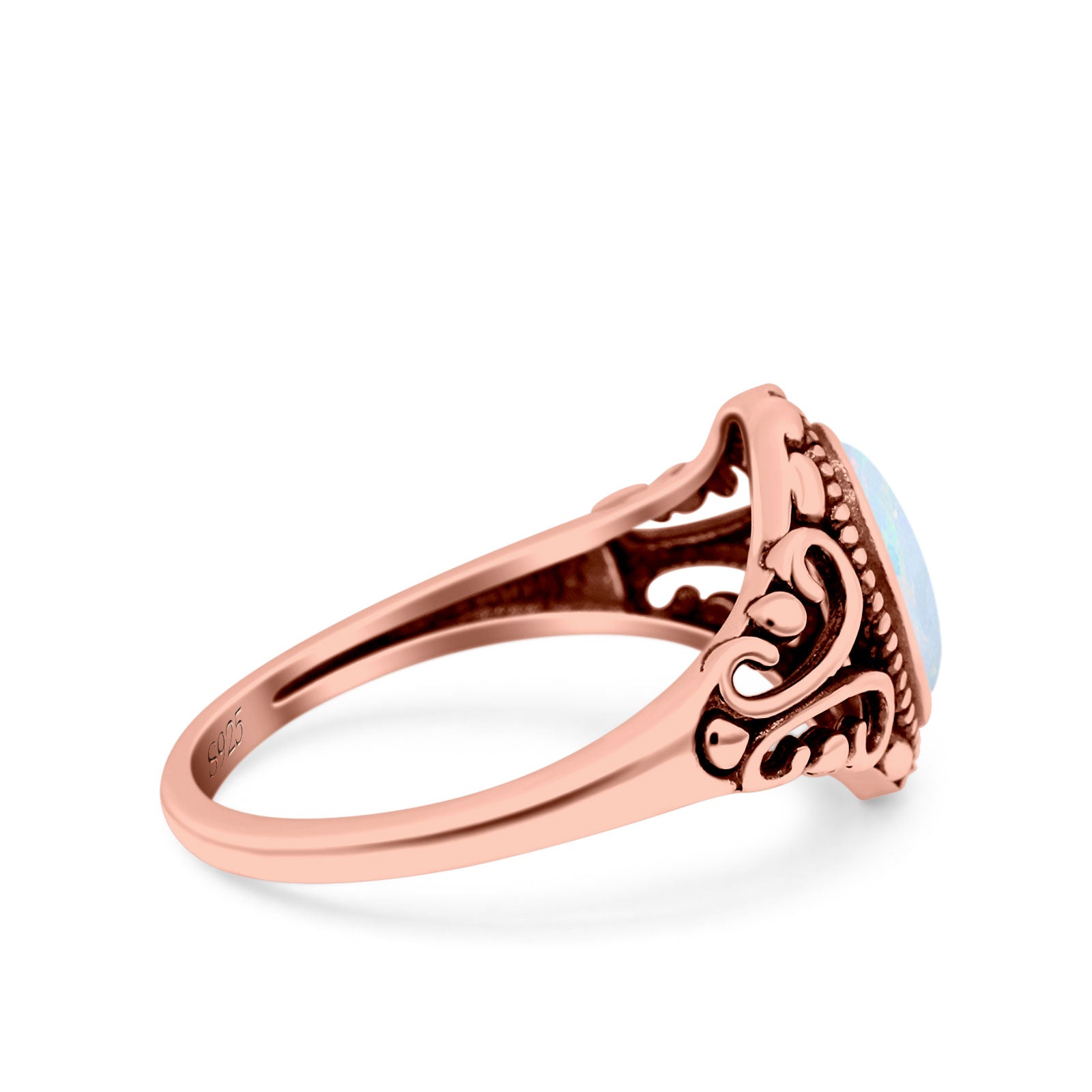 Filigree Vintage Style Oval Lab Opal Ring Solid Oxidized 925 Sterling Silver