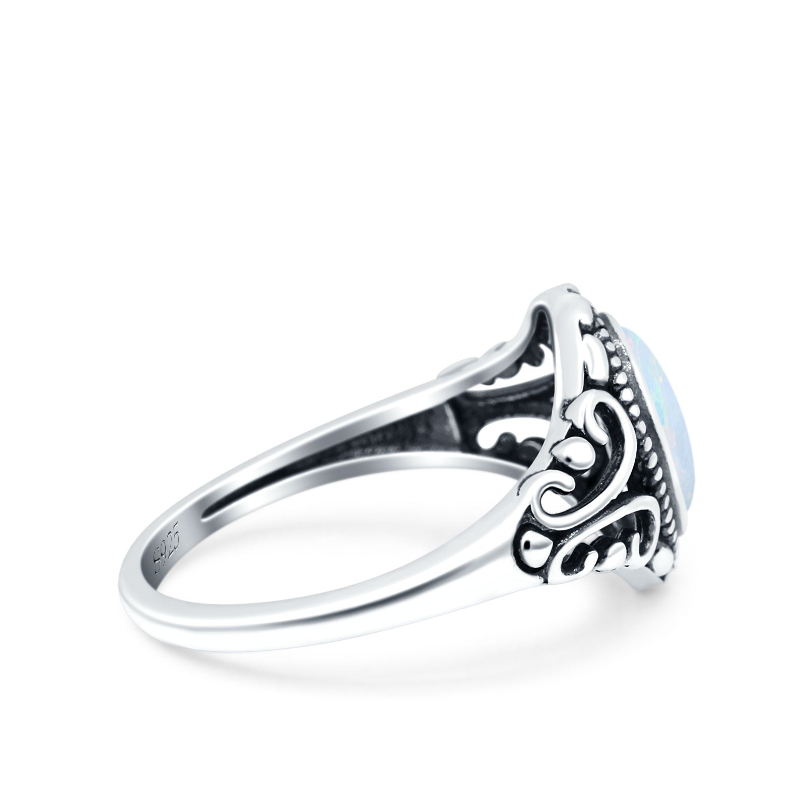 Filigree Vintage Style Oval Lab Opal Ring Solid Oxidized 925 Sterling Silver