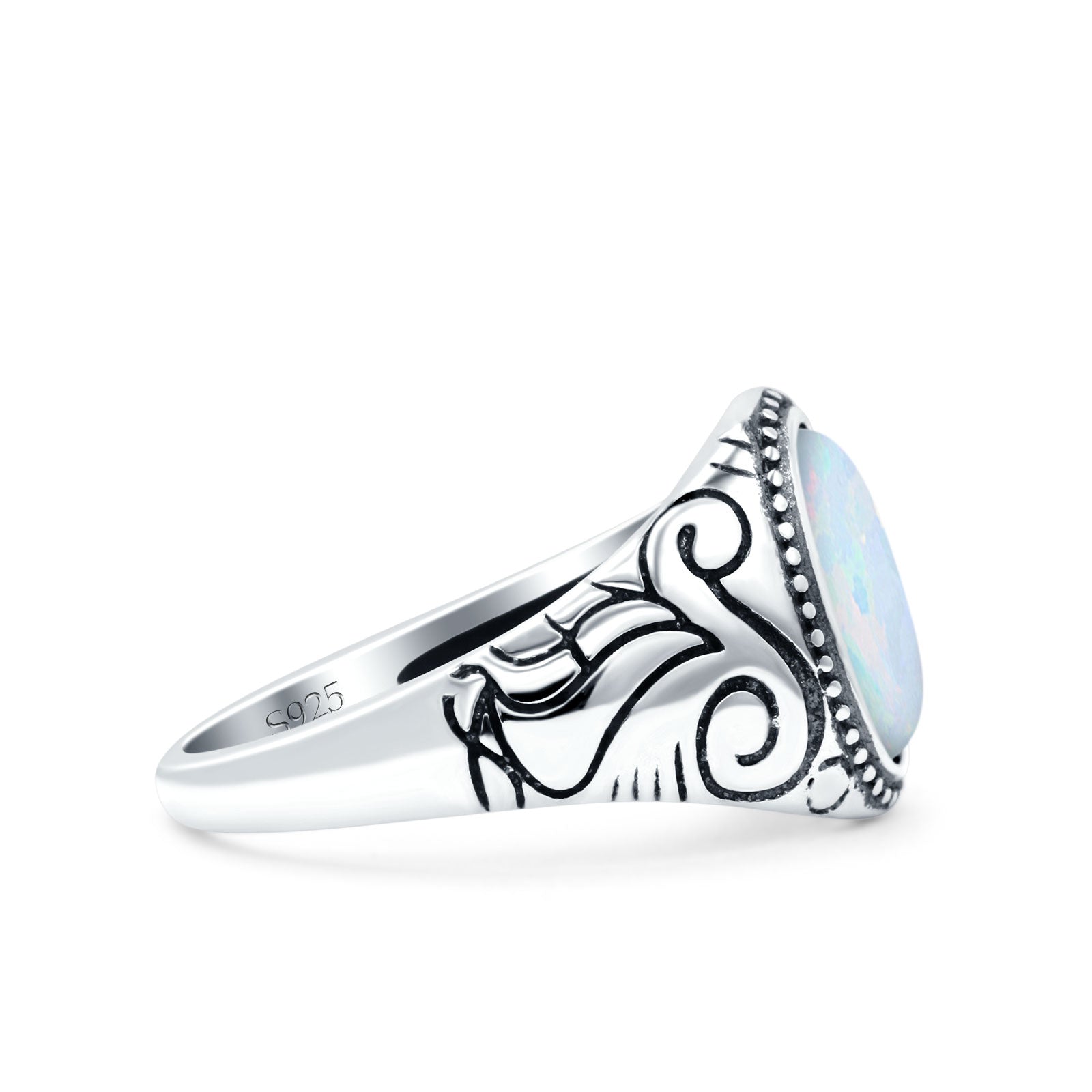 Petite Dainty Vintage Style Lab Opal Ring Solid Oval Oxidized 925 Sterling Silver