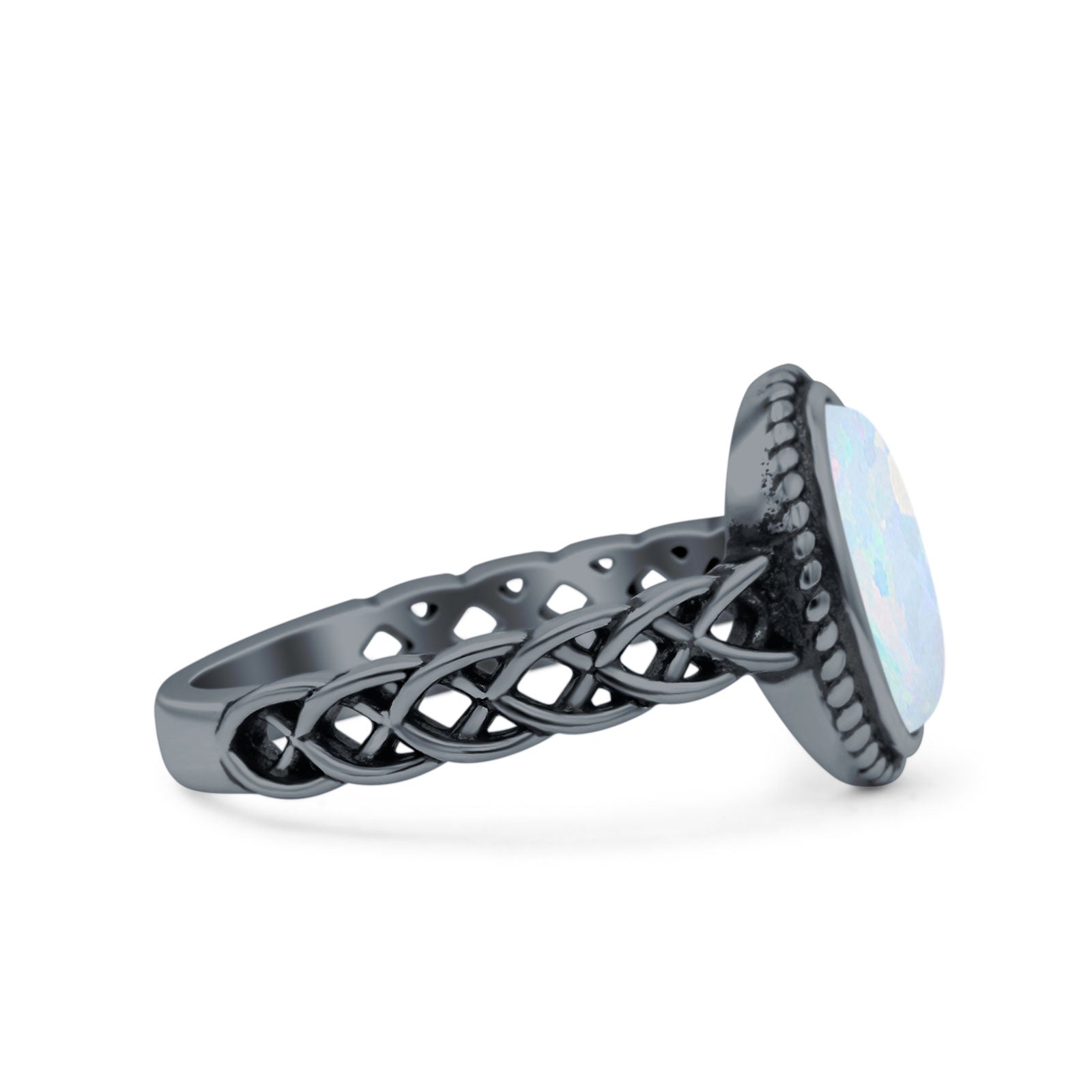 Petite Dainty Cross Vintage Style Lab Opal Ring Solid Oval Oxidized 925 Sterling Silver