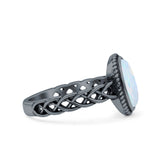 Petite Dainty Cross Vintage Style Lab Opal Ring Solid Oval Oxidized 925 Sterling Silver