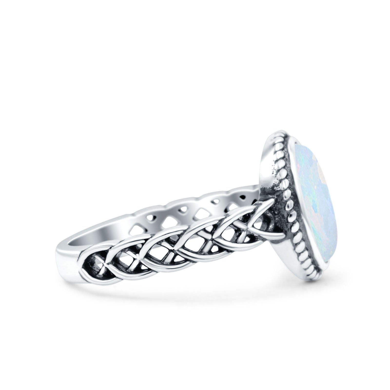 Petite Dainty Cross Vintage Style Lab Opal Ring Solid Oval Oxidized 925 Sterling Silver