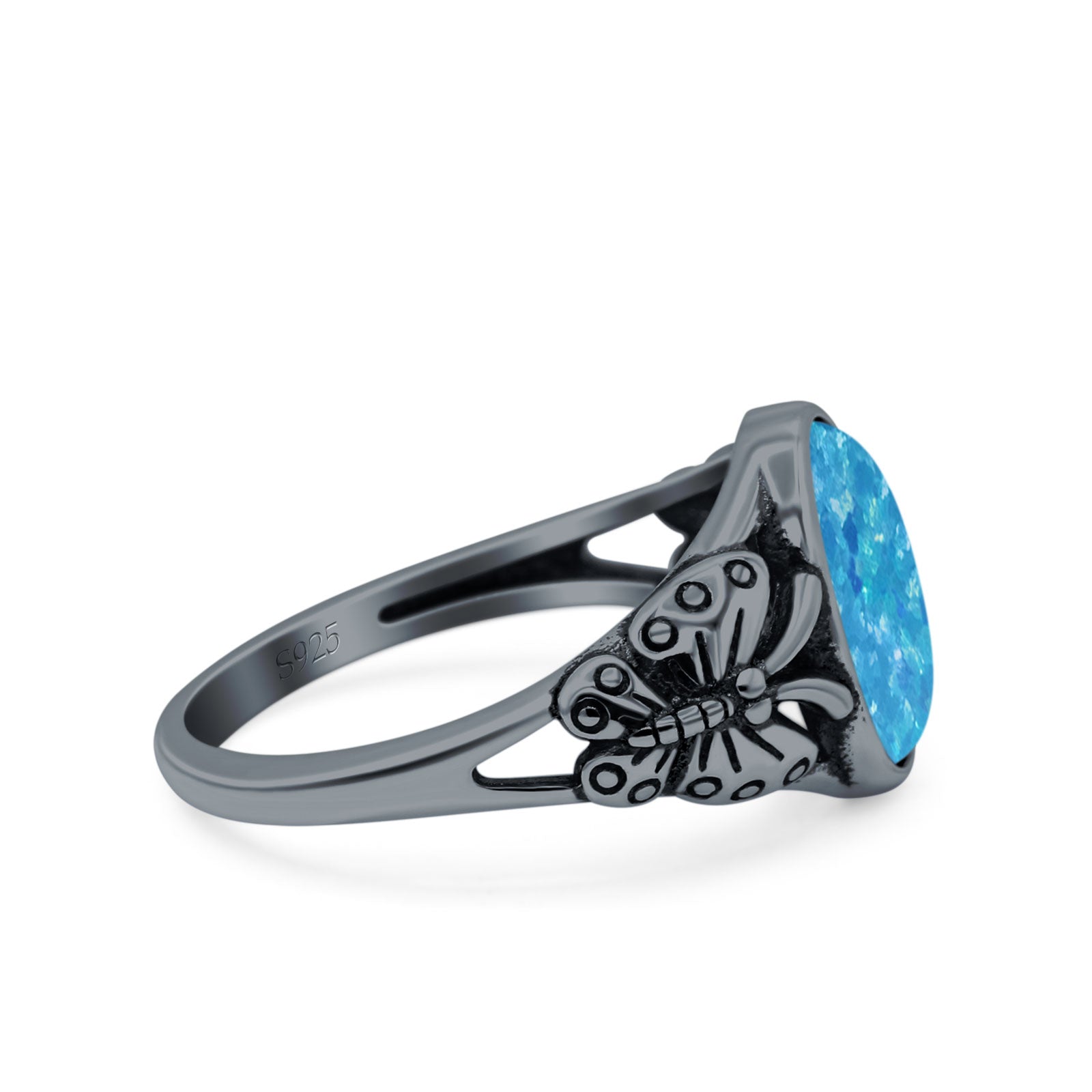 Petite Dainty Butterfly Lab Opal Ring Solid Oval Oxidized 925 Sterling Silver