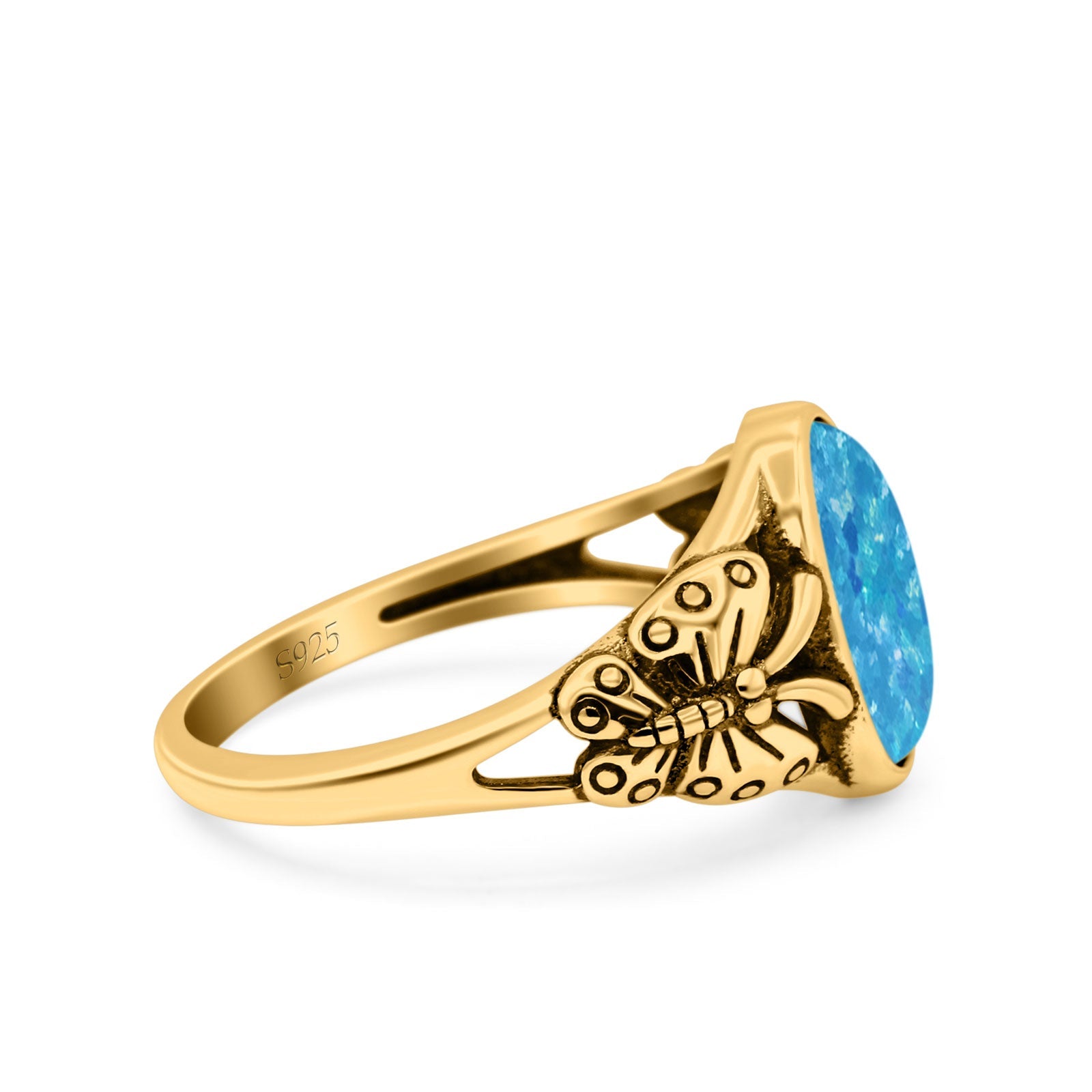 Petite Dainty Butterfly Lab Opal Ring Solid Oval Oxidized 925 Sterling Silver