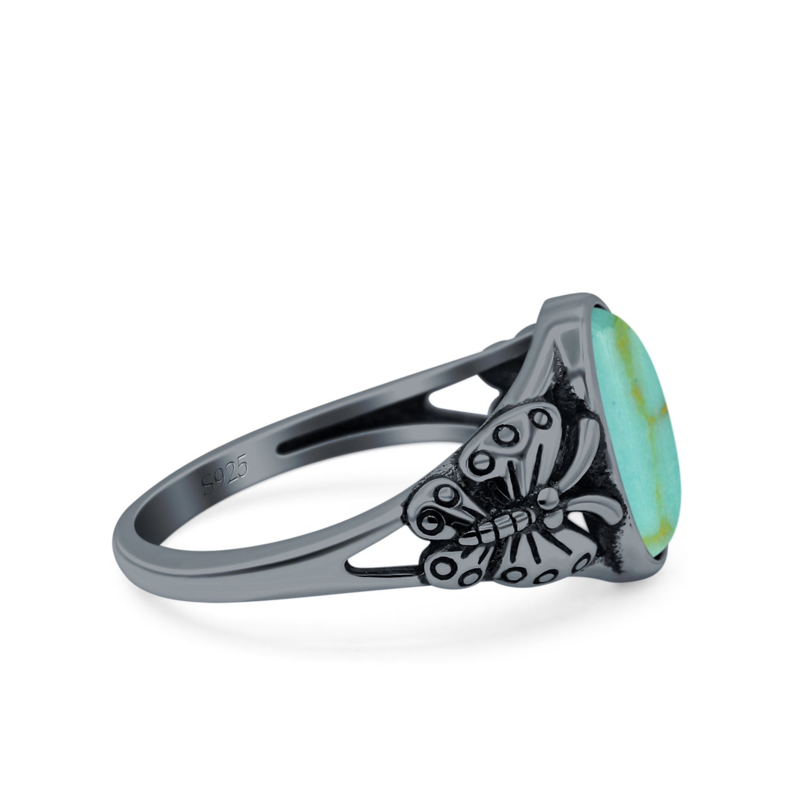 Petite Dainty Butterfly Lab Opal Ring Solid Oval Oxidized 925 Sterling Silver