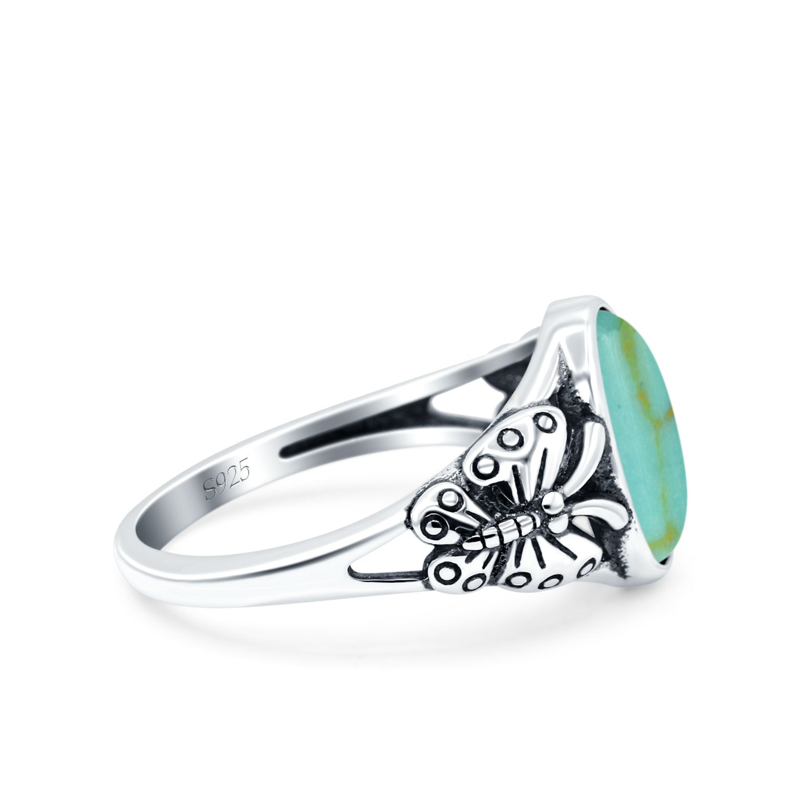 Petite Dainty Butterfly Lab Opal Ring Solid Oval Oxidized 925 Sterling Silver