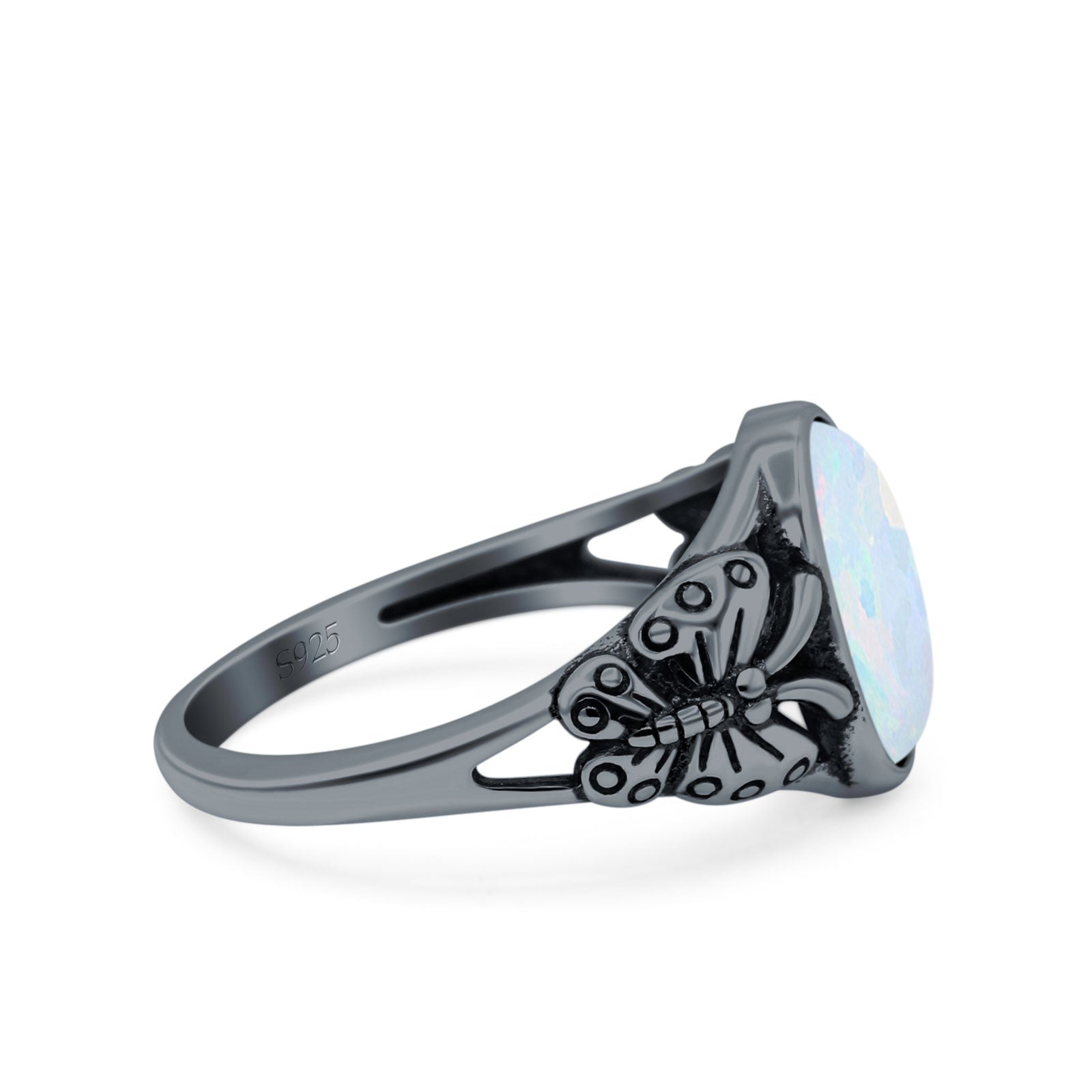 Petite Dainty Butterfly Lab Opal Ring Solid Oval Oxidized 925 Sterling Silver