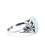 Petite Dainty Butterfly Lab Opal Ring Solid Oval Oxidized 925 Sterling Silver