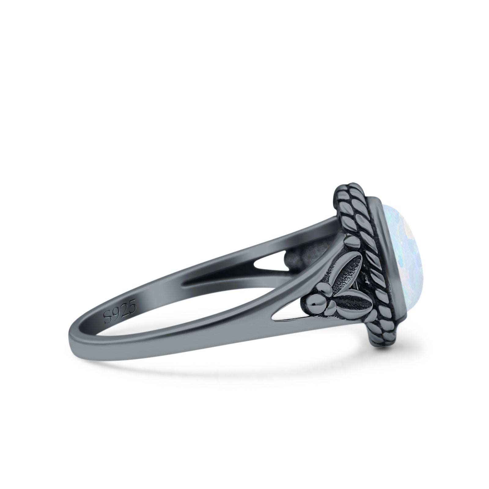 Filigree Petite Dainty Lab Opal Ring Solid Oval Oxidized 925 Sterling Silver