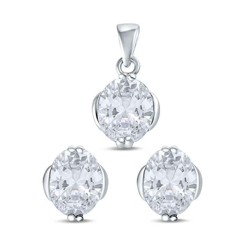 Jewelry Matching Set Pendant Earring Oval Simulated CZ 925 Sterling Silver