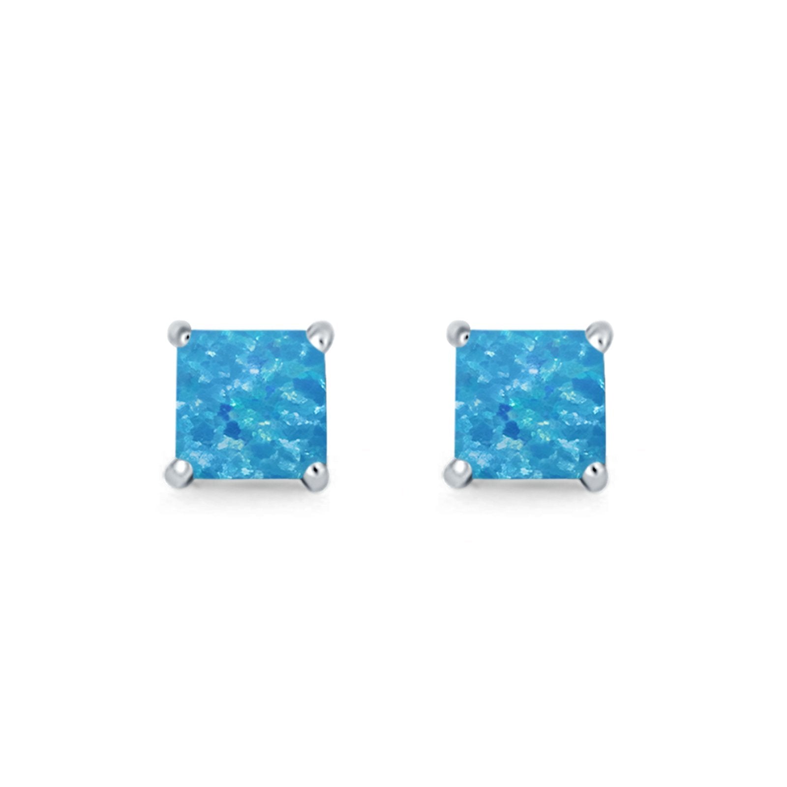 Halo Stud Earrings Princess Cut Lab Created Opal 925 Sterling Silver 7mm