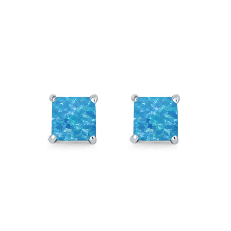 Halo Stud Earrings Princess Cut Lab Created Opal 925 Sterling Silver 7mm