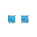 Halo Stud Earrings Princess Cut Lab Created Opal 925 Sterling Silver 7mm