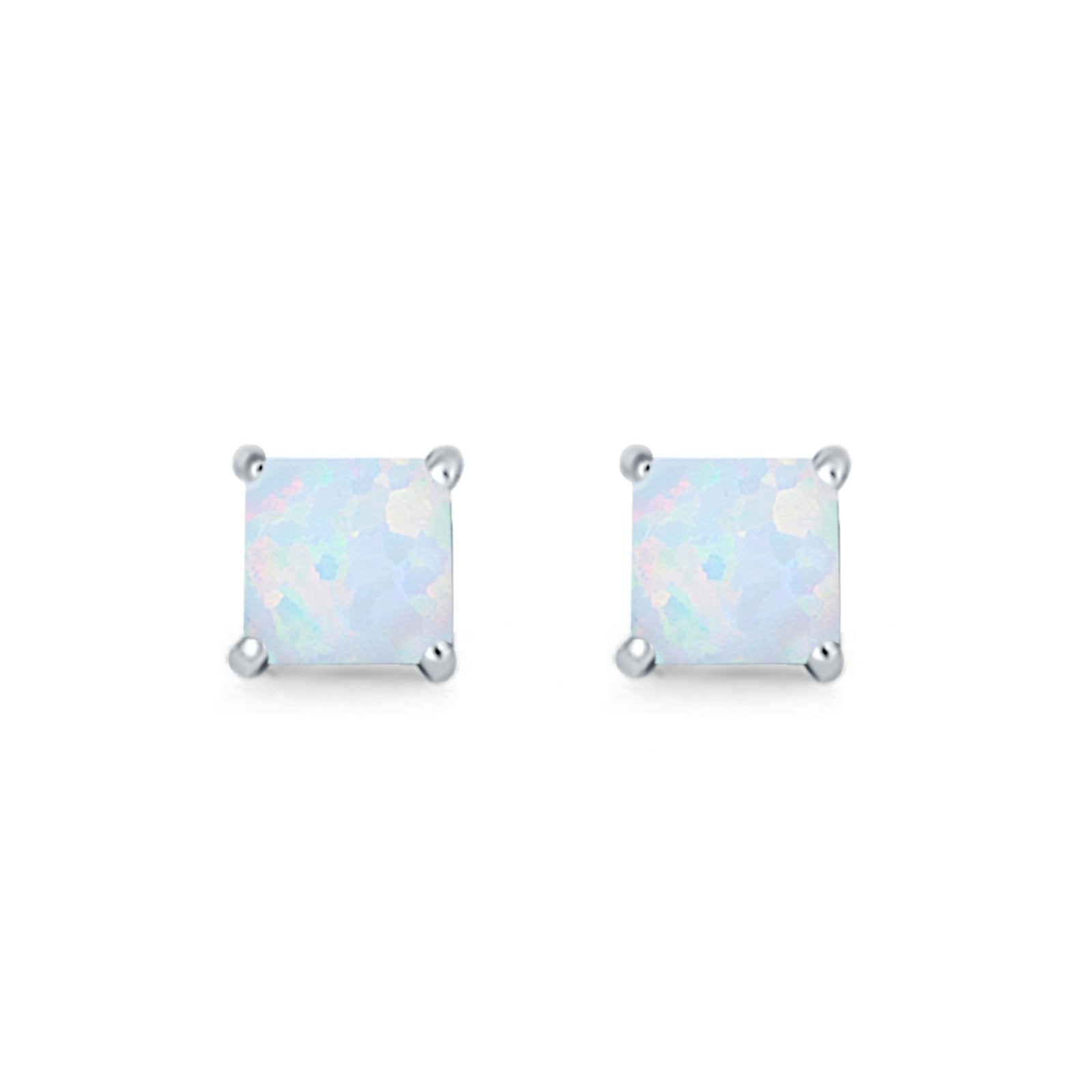 Halo Stud Earrings Princess Cut Lab Created Opal 925 Sterling Silver 7mm