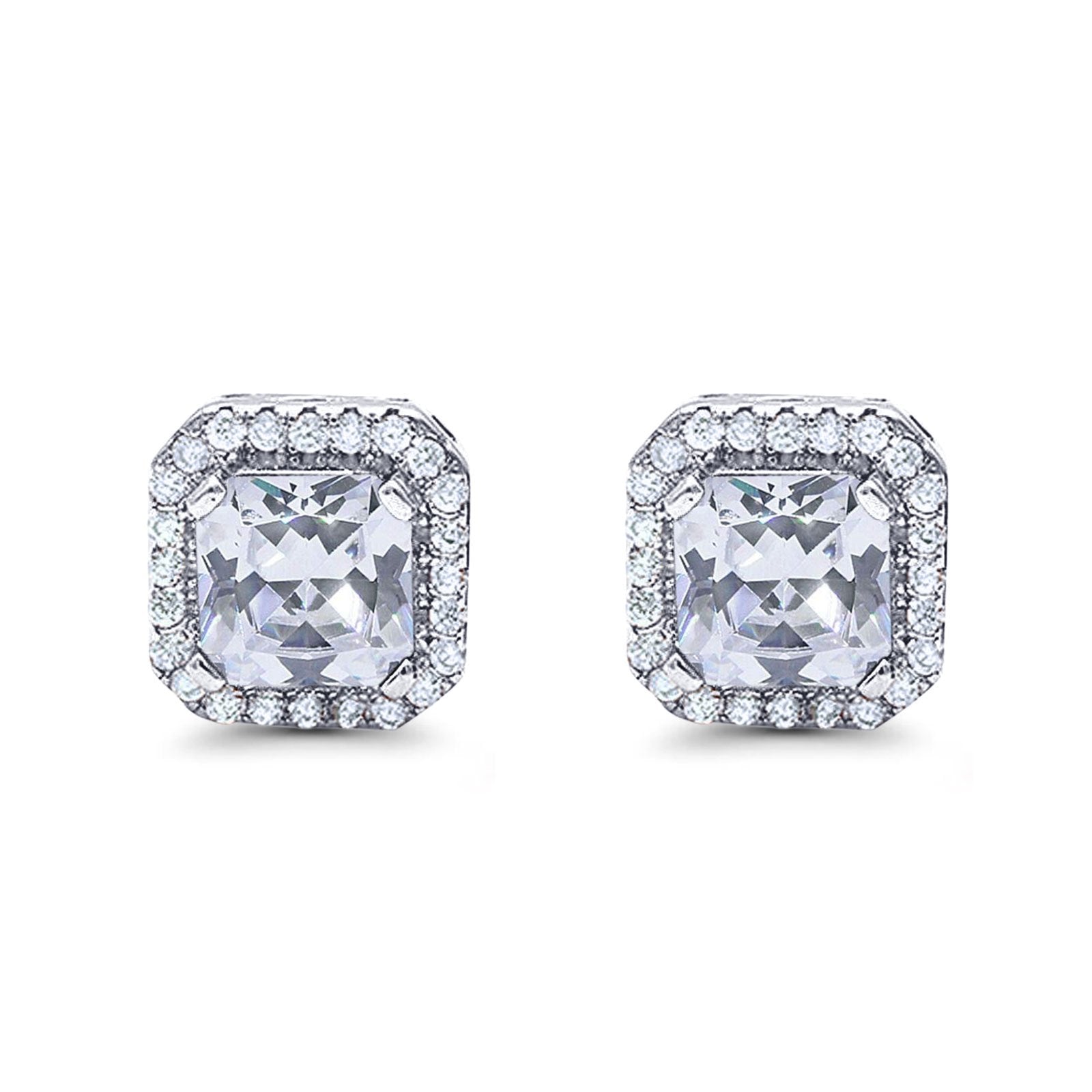 Stud Earrings Wedding Bridal Princess Simulated Cubic Zirconia Solid 925 Sterling Silver