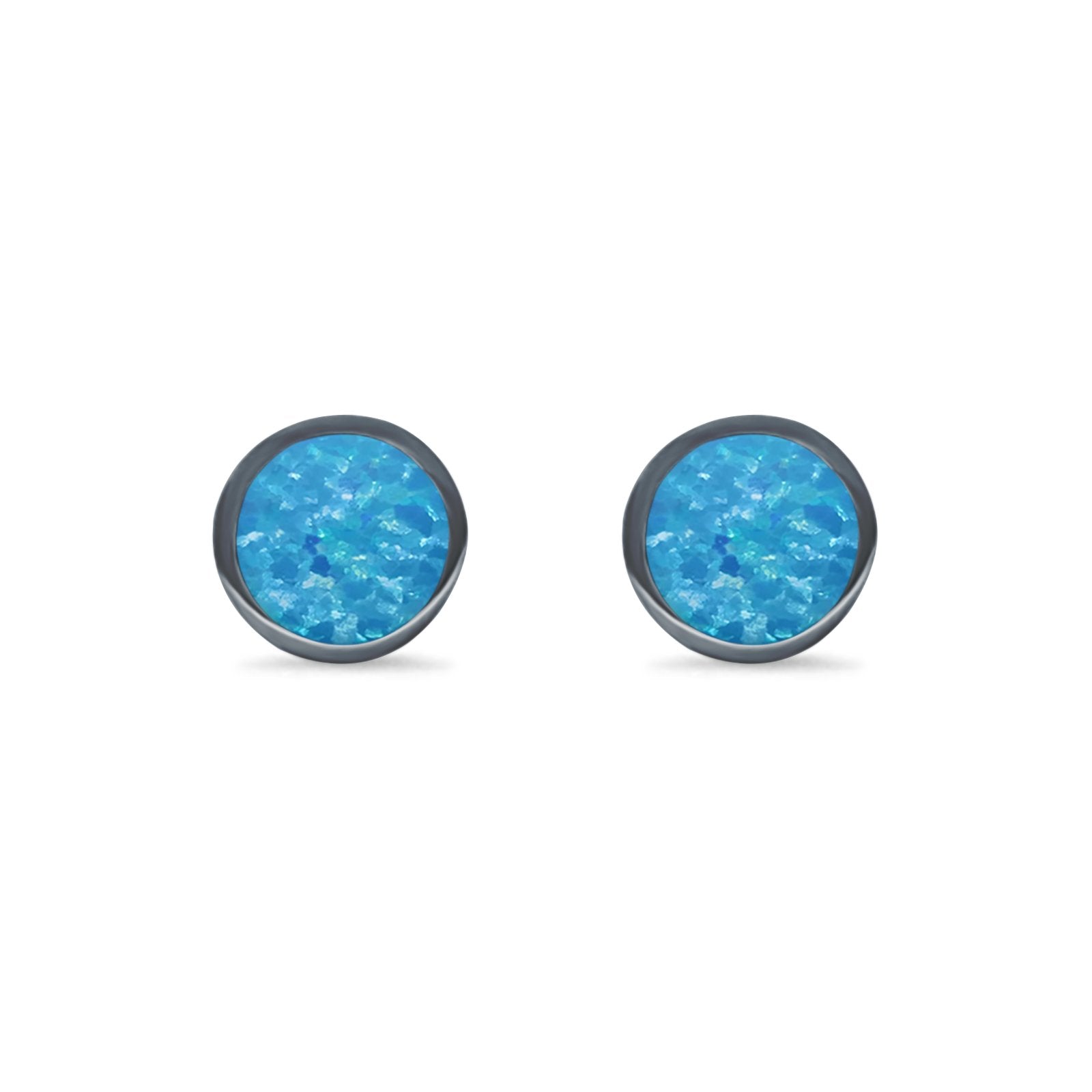 Bezel Stud Earring Round Lab Created Opal 925 Sterling Silver (7mm)