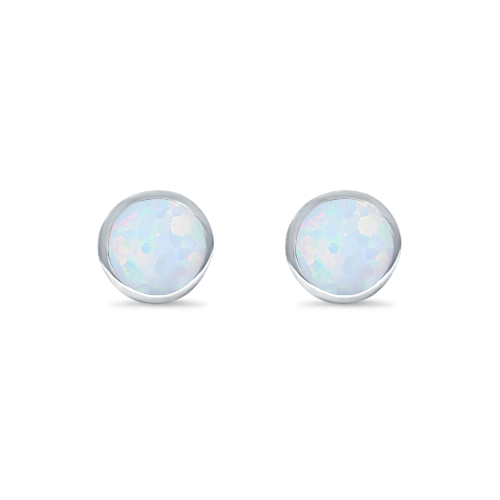 Bezel Stud Earring Round Lab Created Opal 925 Sterling Silver (7mm)