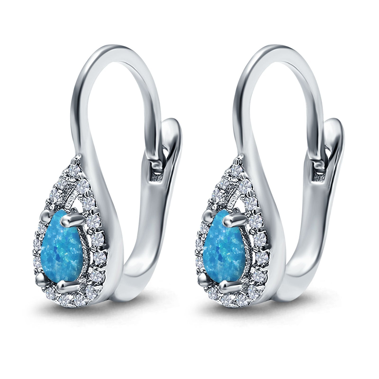 Halo Teardrop Lever Back Earrings Pear Lab Created Opal 925 Sterling Silver