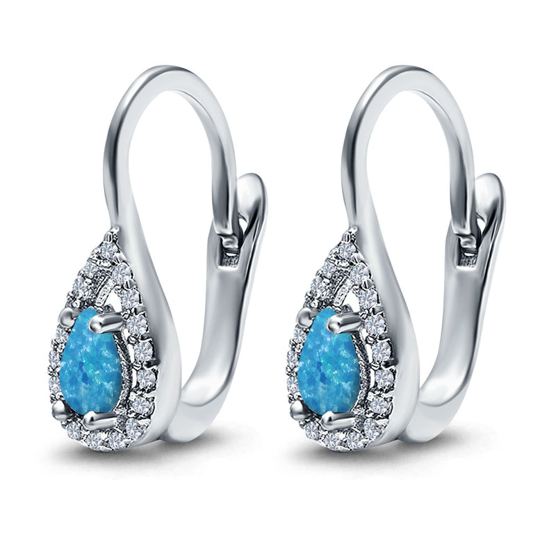 Halo Teardrop Lever Back Earrings Pear Lab Created Opal 925 Sterling Silver