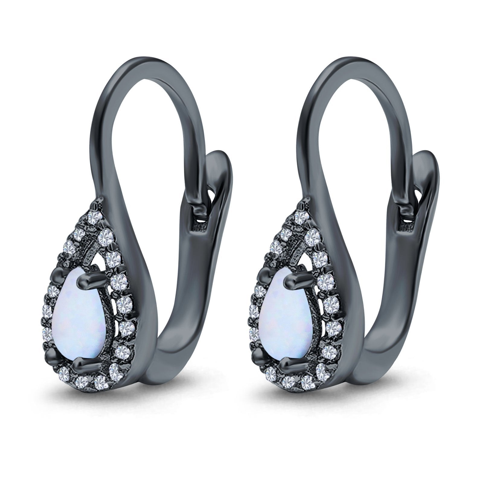 Halo Teardrop Lever Back Earrings Pear Lab Created Opal 925 Sterling Silver