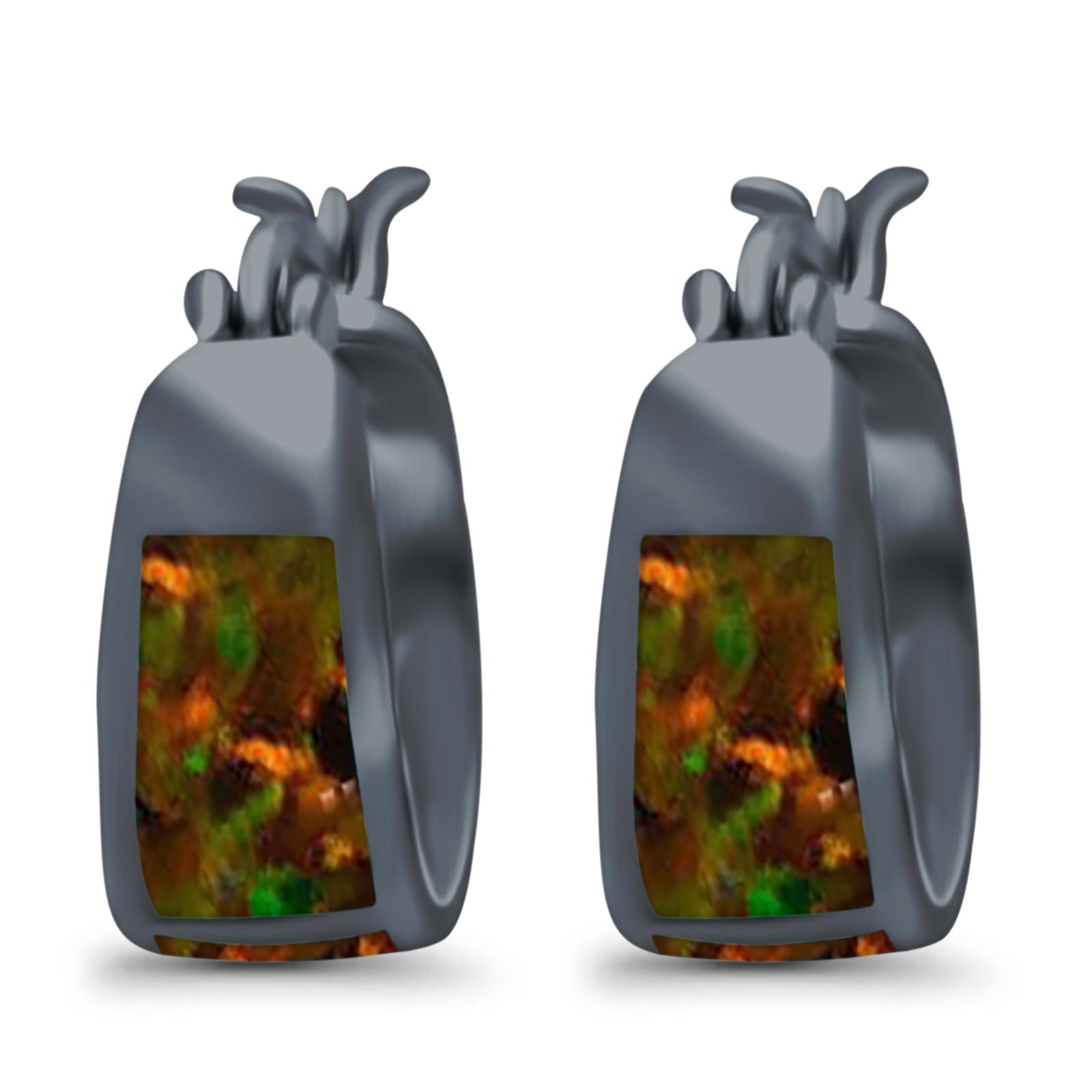 Hoop Huggies Earrings Irregular Shape Created Opal 925 Sterling Silver