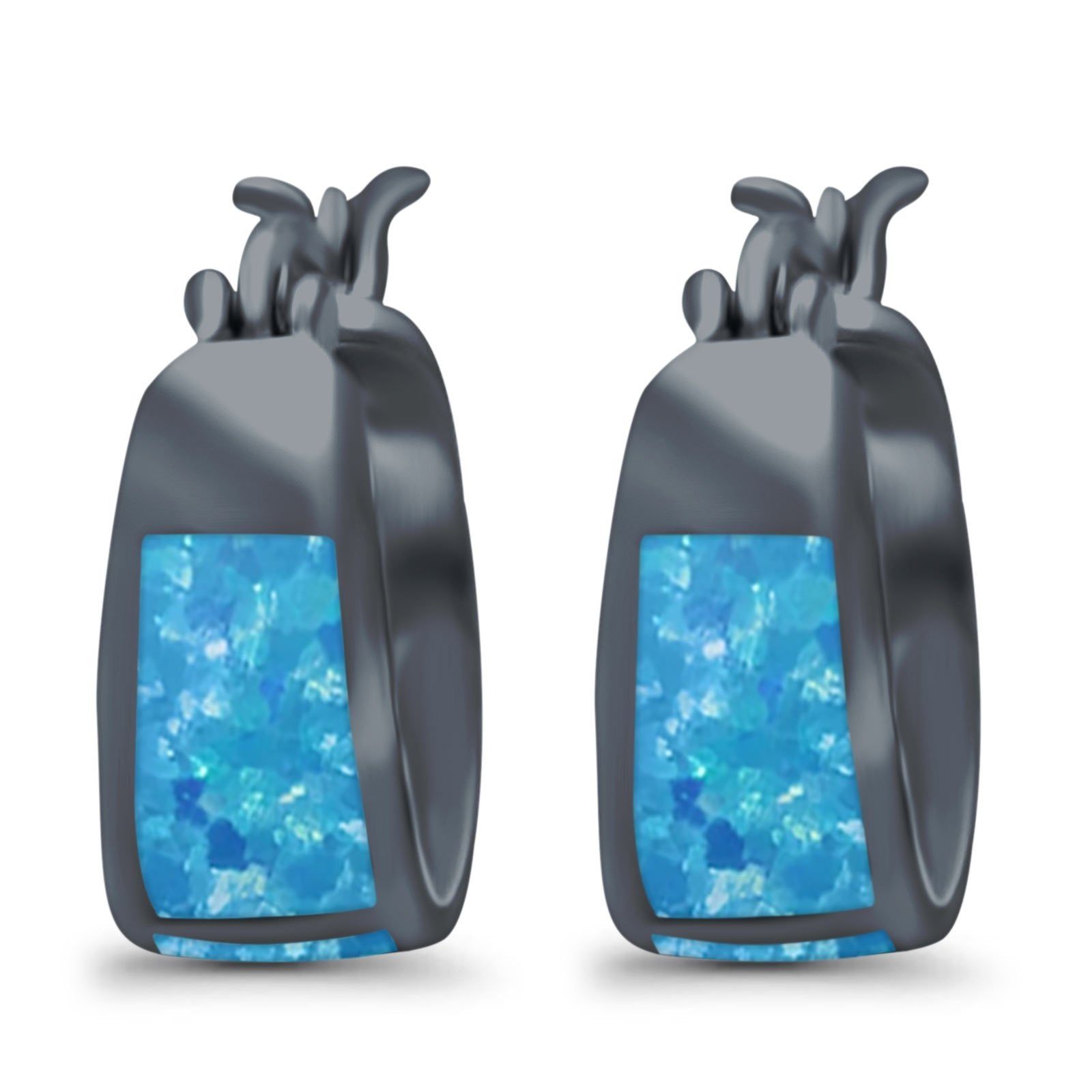 Hoop Huggies Earrings Irregular Shape Created Opal 925 Sterling Silver